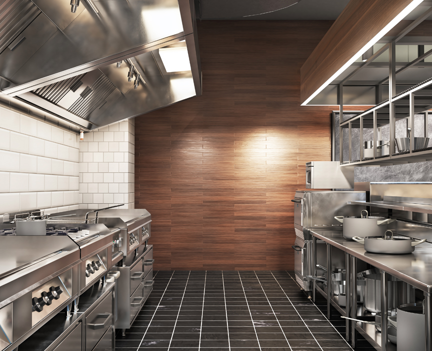 A clean, well-maintained commercial kitchen ready for service