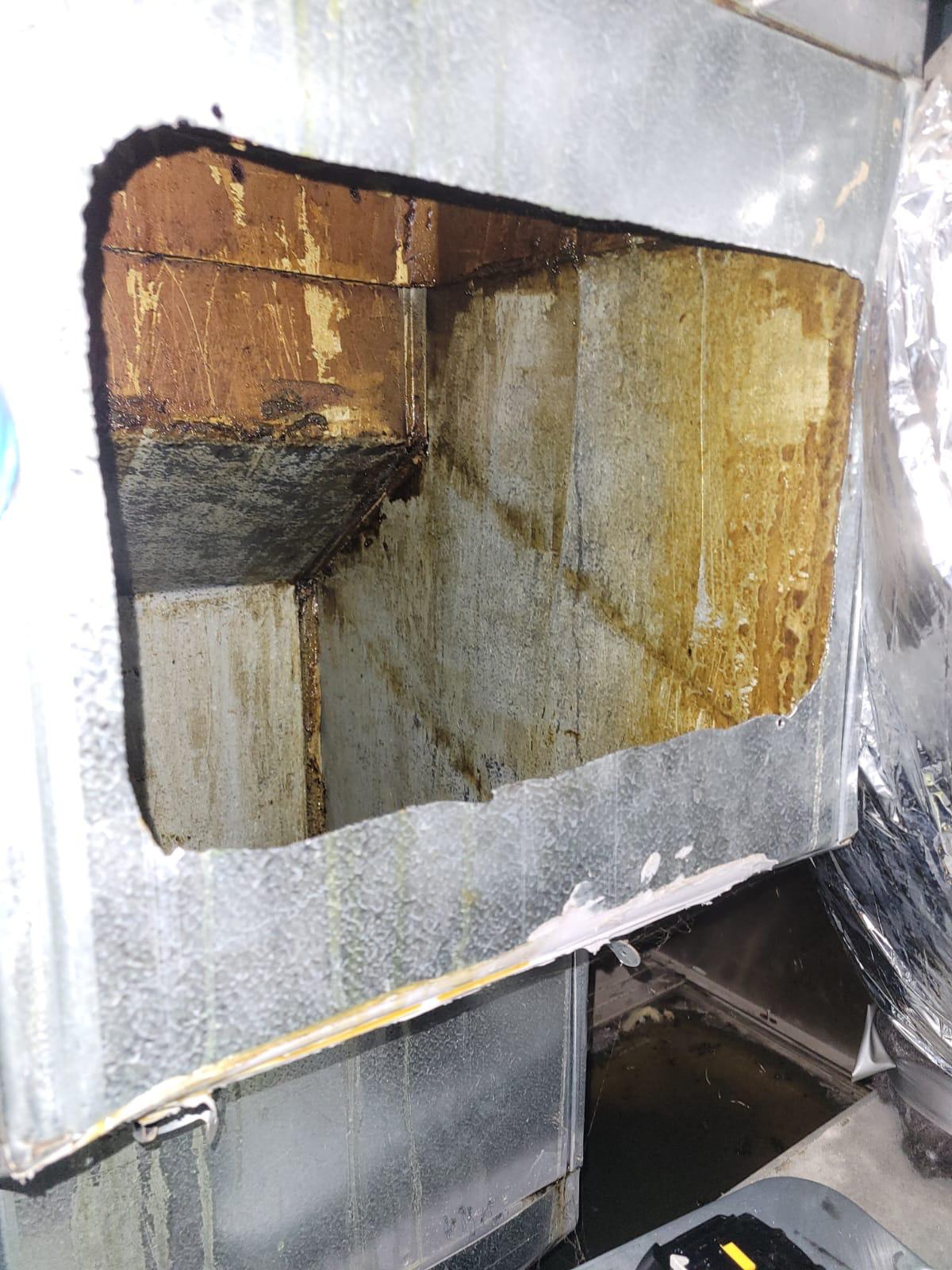 Internal view of an access hole with the cover removed, showing the inside of the ductwork