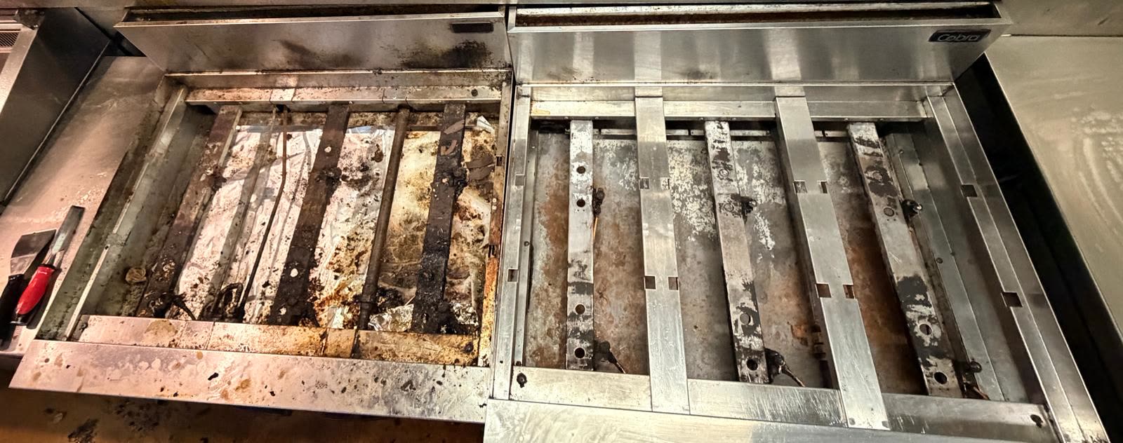 Side-by-side comparison of a grease-saturated baffle filter on the left and a clean baffle filter on the right